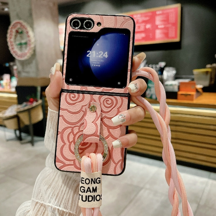 For Samsung Galaxy Z Flip6 Impression Camellia Pattern Protective Phone Case with Diamond Ring Long Lanyard