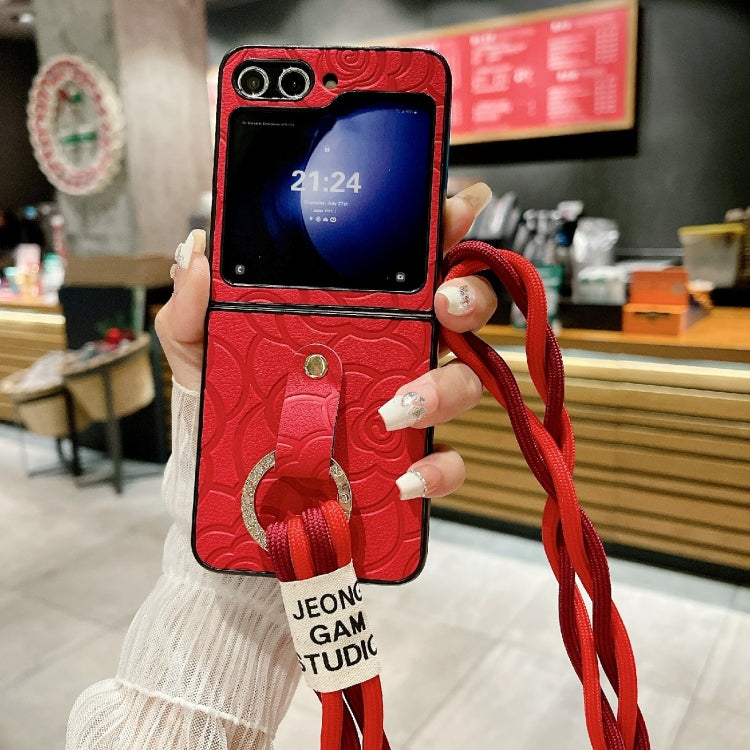 For Samsung Galaxy Z Flip6 Impression Camellia Pattern Protective Phone Case with Diamond Ring Long Lanyard