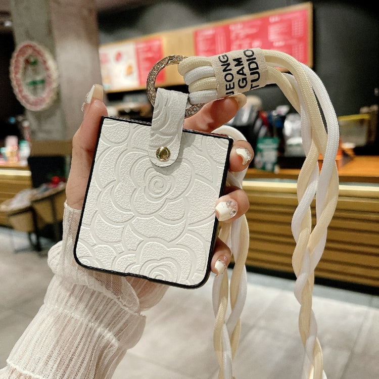 For Samsung Galaxy Z Flip6 Impression Camellia Pattern Protective Phone Case with Diamond Ring Long Lanyard