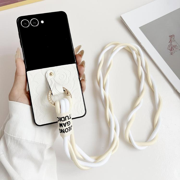 For Samsung Galaxy Z Flip7 5G Impression Camellia Pattern Protective Phone Case with Diamond Ring Long Lanyard