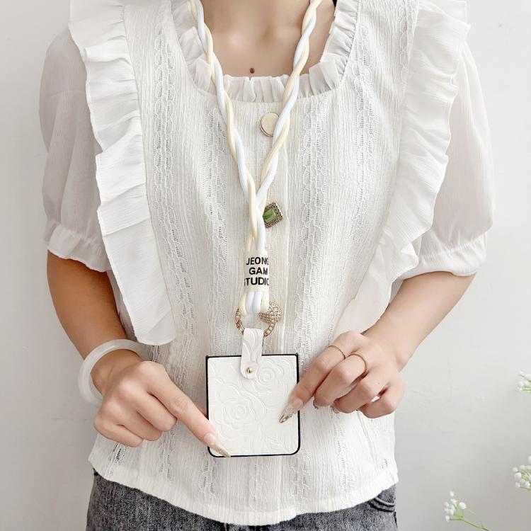 For Samsung Galaxy Z Flip7 5G Impression Camellia Pattern Protective Phone Case with Diamond Ring Long Lanyard