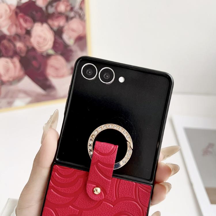 For Samsung Galaxy Z Flip7 5G Impression Camellia Pattern Protective Phone Case with Diamond Ring Long Lanyard