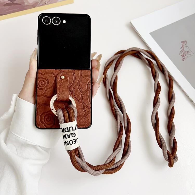 For Samsung Galaxy Z Flip7 5G Impression Camellia Pattern Protective Phone Case with Diamond Ring Long Lanyard