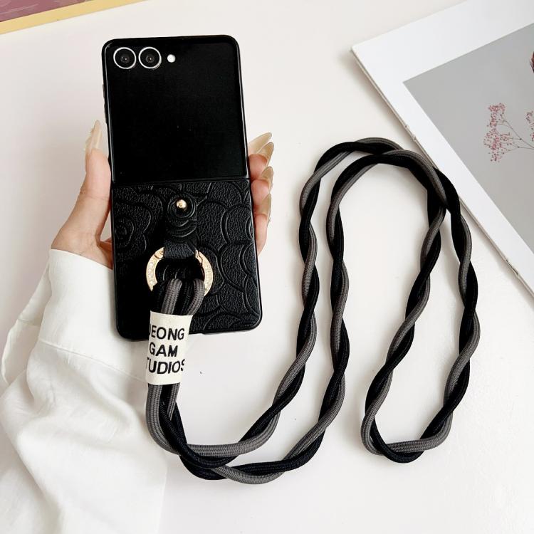 For Samsung Galaxy Z Flip7 5G Impression Camellia Pattern Protective Phone Case with Diamond Ring Long Lanyard