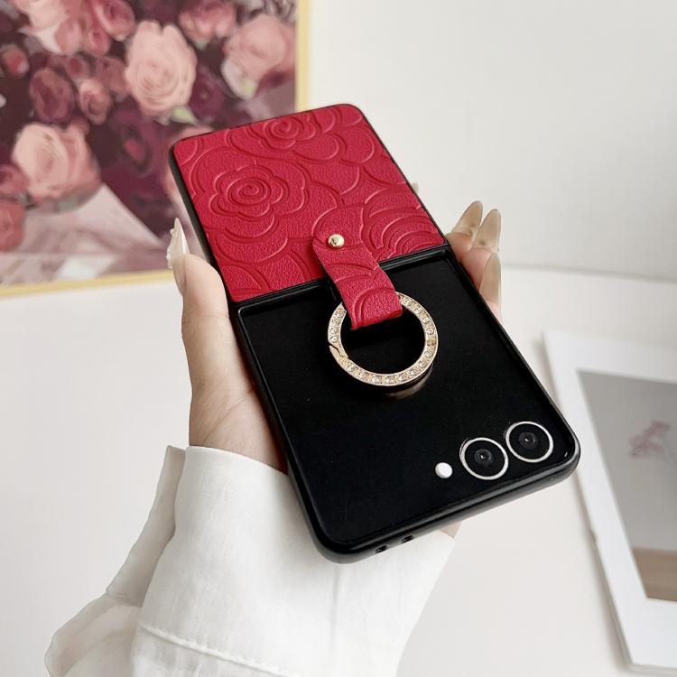For Samsung Galaxy Z Flip7 5G Impression Camellia Pattern Protective Phone Case with Diamond Ring Long Lanyard