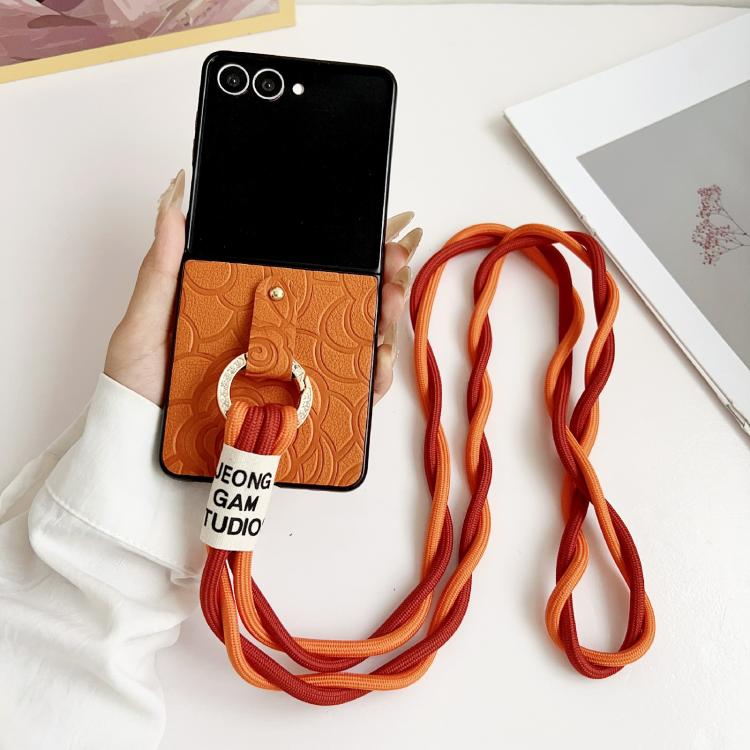 For Samsung Galaxy Z Flip7 5G Impression Camellia Pattern Protective Phone Case with Diamond Ring Long Lanyard