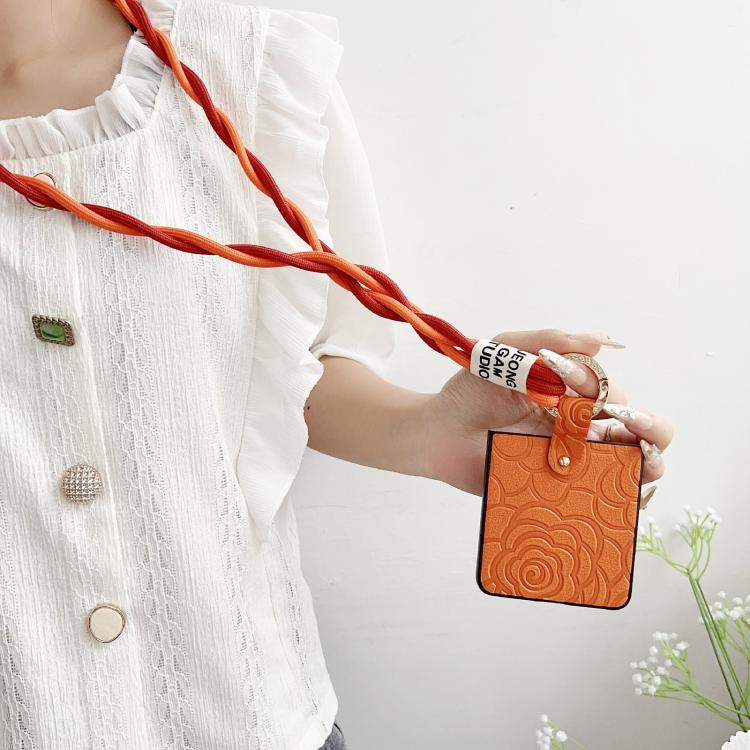 For Samsung Galaxy Z Flip7 5G Impression Camellia Pattern Protective Phone Case with Diamond Ring Long Lanyard