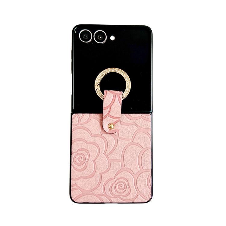 For Samsung Galaxy Z Flip7 5G Impression Camellia Pattern Protective Phone Case with Diamond Ring Long Lanyard