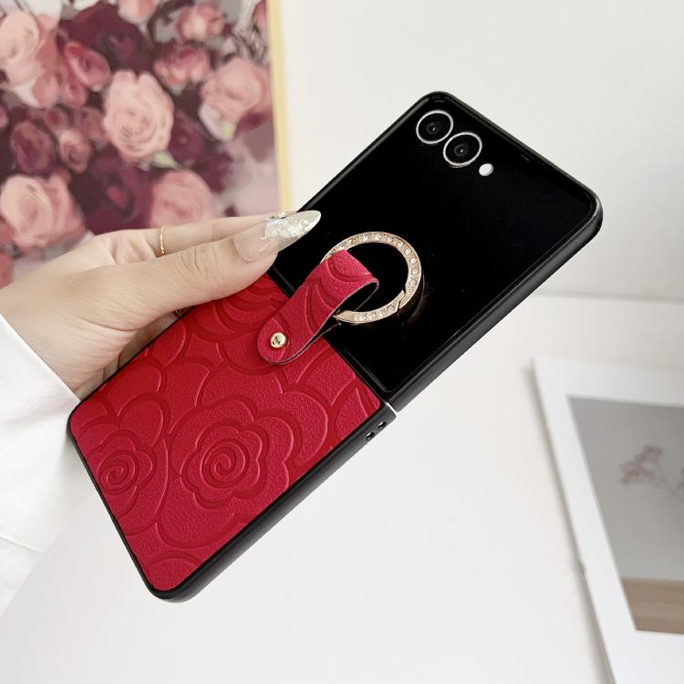 For Samsung Galaxy Z Flip7 5G Impression Camellia Pattern Protective Phone Case with Diamond Ring Long Lanyard