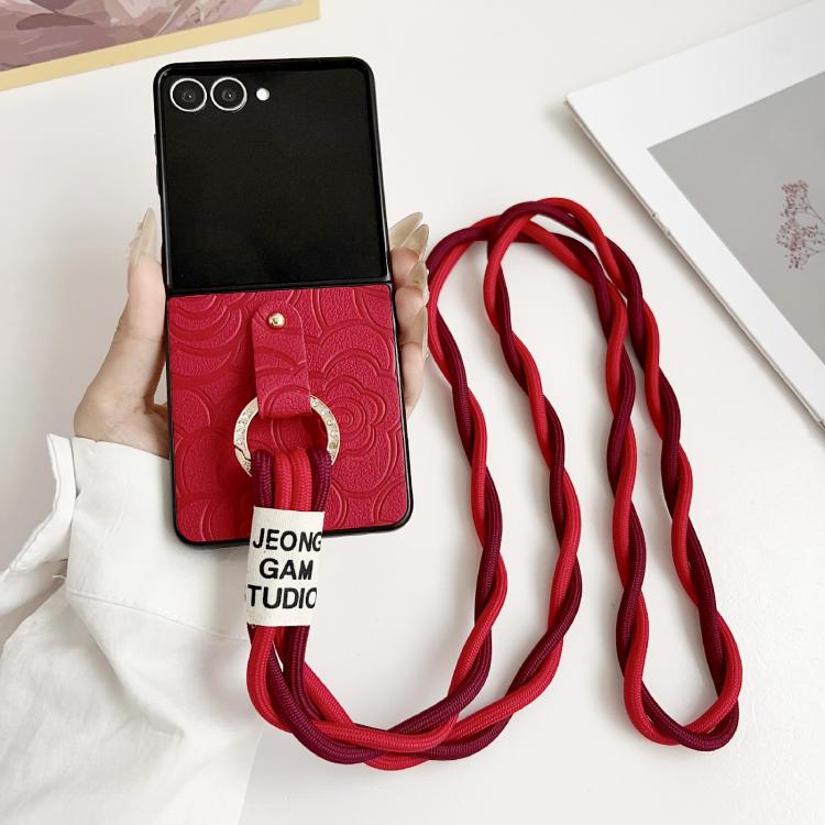 For Samsung Galaxy Z Flip7 5G Impression Camellia Pattern Protective Phone Case with Diamond Ring Long Lanyard