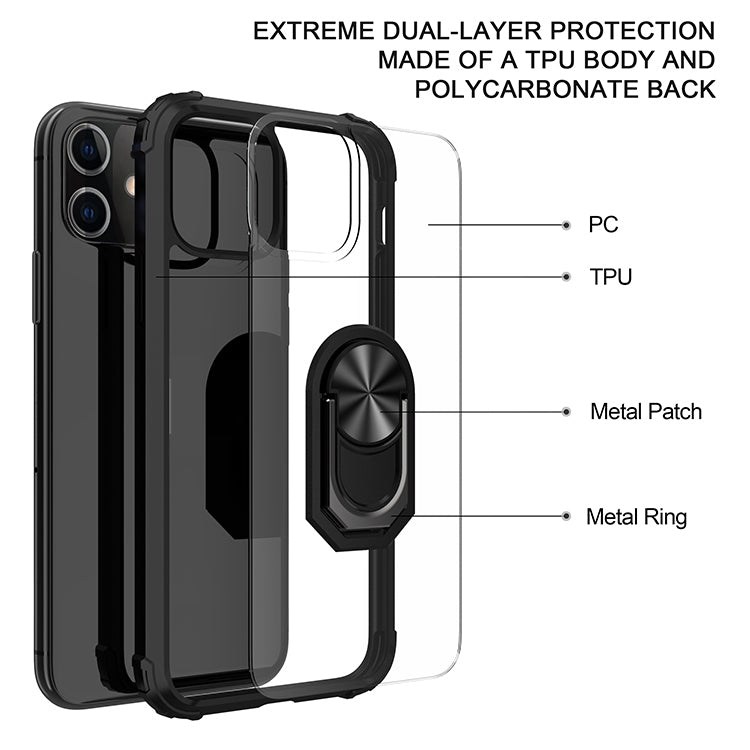 For iPhone 12 Pro Max Shockproof Transparent TPU + Acrylic Protective Case with Ring Holder