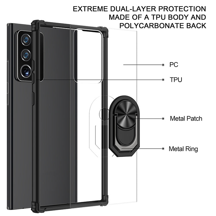 For Samsung Galaxy Note20 Ultra Shockproof Transparent TPU + Acrylic Protective Case with Ring Holder