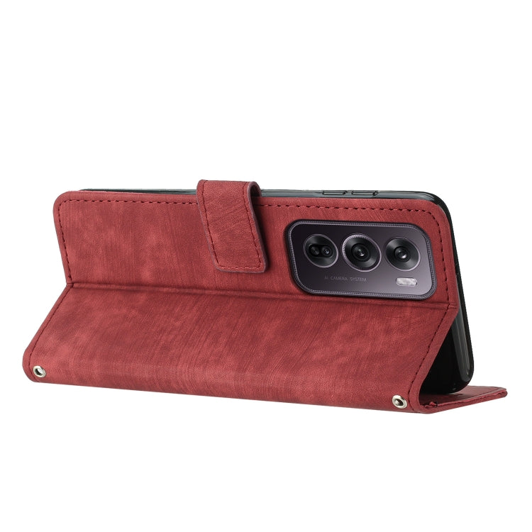 For OPPO Reno12 Pro Global Skin Feel Stripe Pattern Leather Phone Case with Lanyard