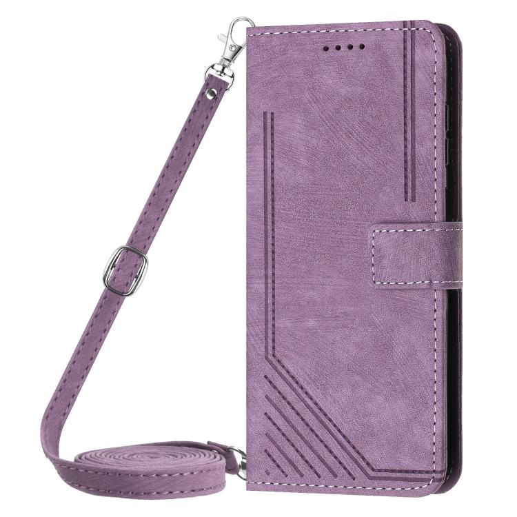 For Tecno Spark 40C Skin Feel Stripe Pattern Leather Phone Case with Lanyard