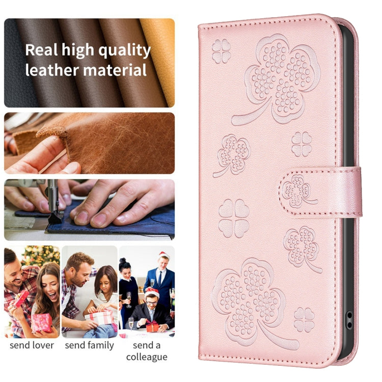 For iPhone 16 Plus Four-leaf Embossed Leather Phone Case