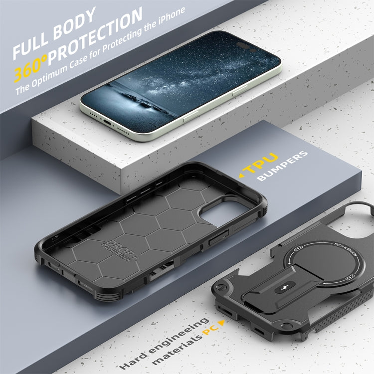 For iPhone 16 Plus Armor Magsafe Holder PC Hybrid TPU Phone Case