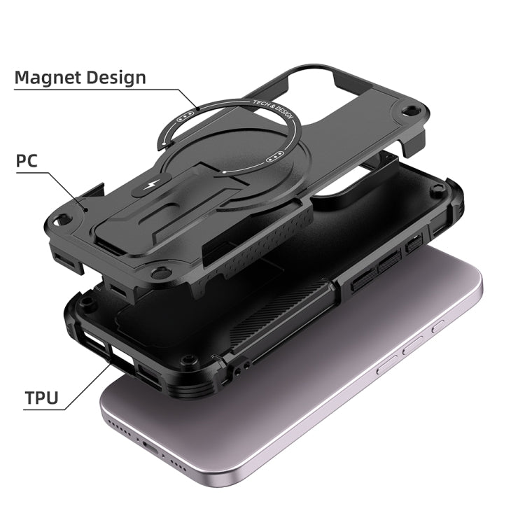 For iPhone 16 Armor Magsafe Holder PC Hybrid TPU Phone Case
