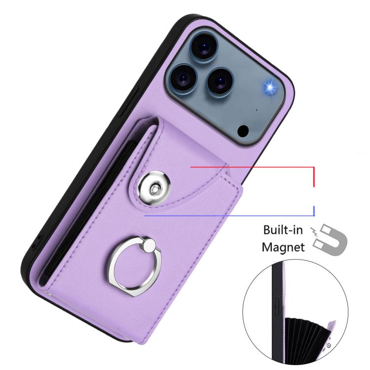 For iPhone 17 Pro Max Organ Card Bag Ring Holder PU Phone Case with Lanyard