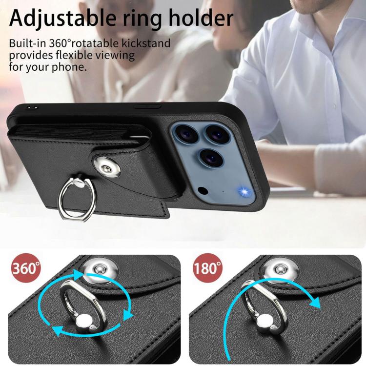 For iPhone 17 Pro Max Organ Card Bag Ring Holder PU Phone Case with Lanyard