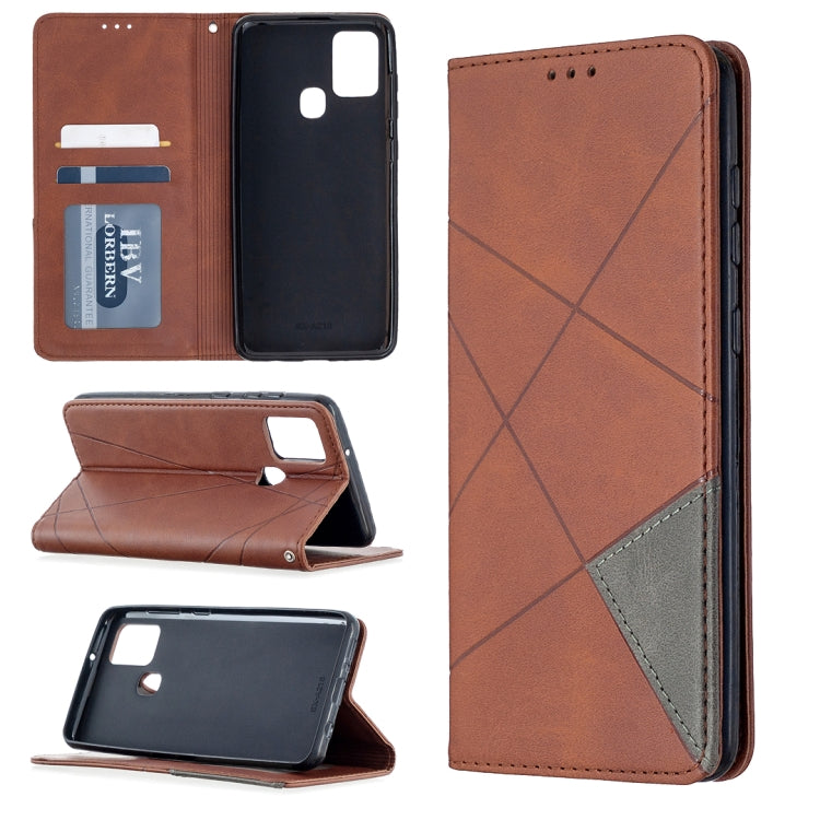 For Samsung Galaxy A21s Rhombus Texture Horizontal Flip Magnetic Leather Case with Holder & Card Slots