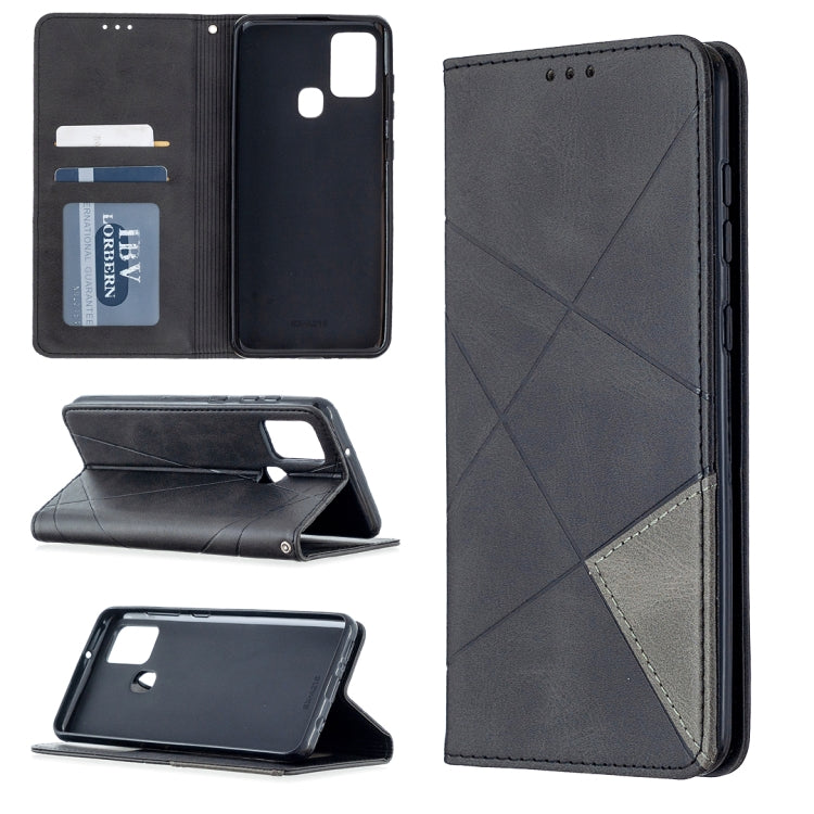 For Samsung Galaxy A21s Rhombus Texture Horizontal Flip Magnetic Leather Case with Holder & Card Slots