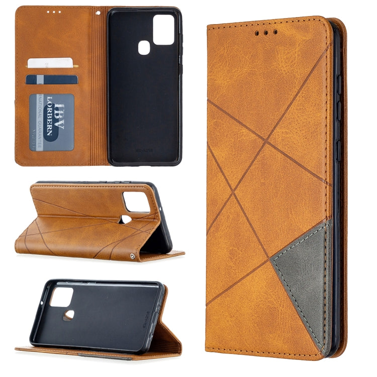 For Samsung Galaxy A21s Rhombus Texture Horizontal Flip Magnetic Leather Case with Holder & Card Slots