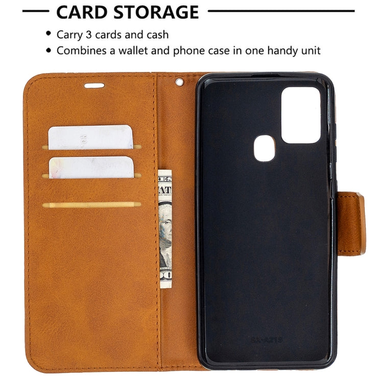 For Samsung Galaxy A21s Retro Lambskin Texture Pure Color Horizontal Flip PU Leather Case with Holder & Card Slots & Wallet & Lanyard