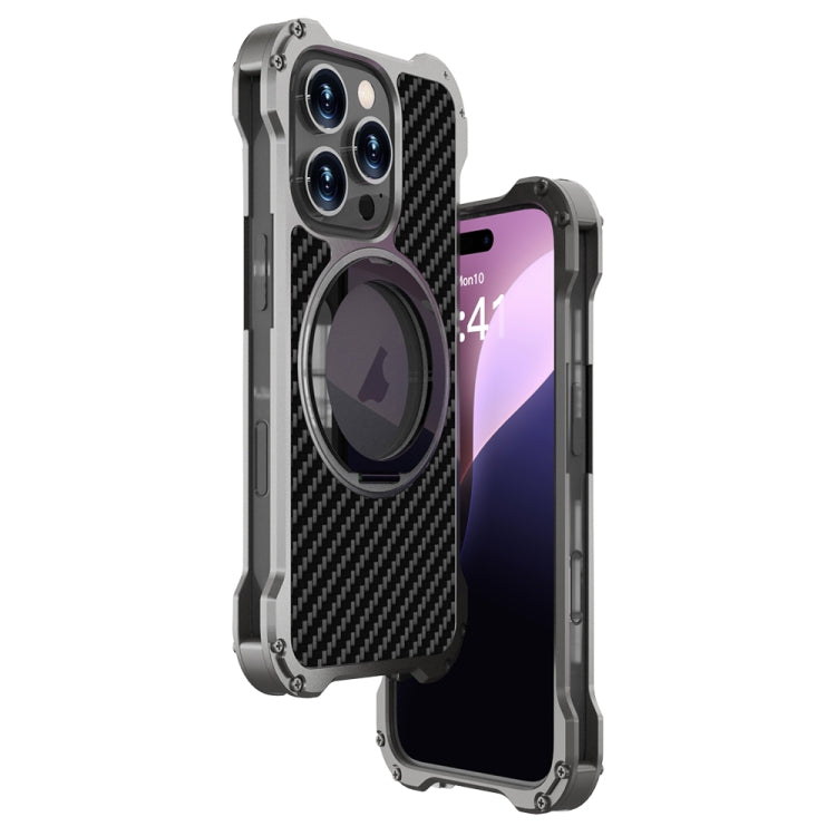 For iPhone 16 Pro Max R-JUST RJ51-1 Hollow Rotating Holder MagSafe Magnetic Metal Phone Case - Silver Grey