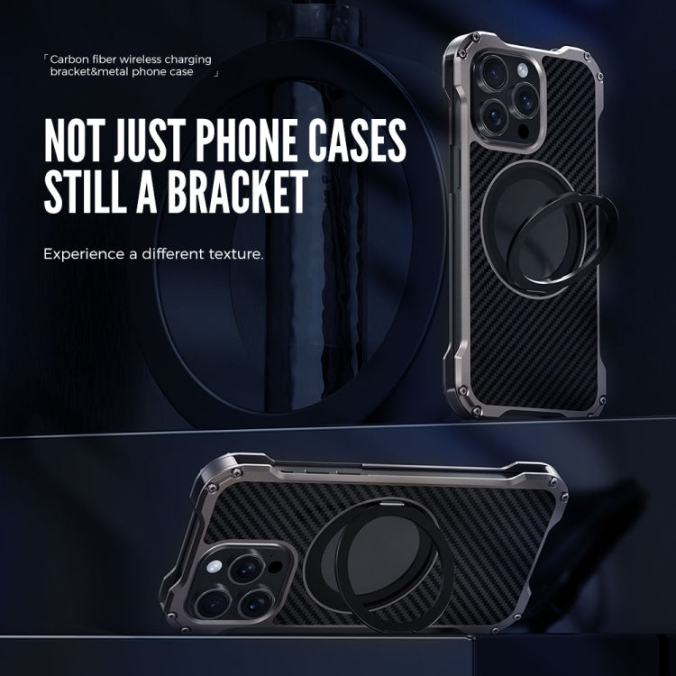 For iPhone 16 Pro Max R-JUST RJ51-1 Hollow Rotating Holder MagSafe Magnetic Metal Phone Case - Silver Grey