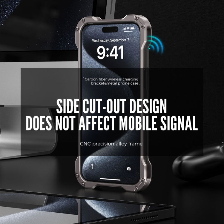 For iPhone 16 Plus R-JUST RJ51-1 Hollow Rotating Holder MagSafe Magnetic Metal Phone Case - Silver Grey