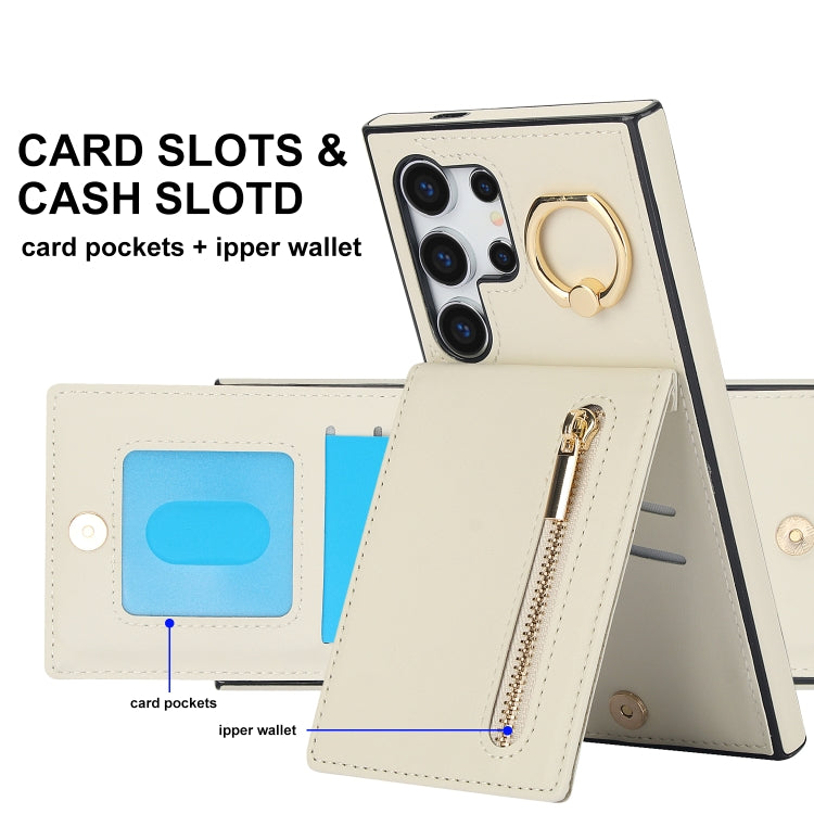 For Samsung Galaxy S24 Ultra 5G Retro Ring and Zipper RFID Card Slot Phone Case