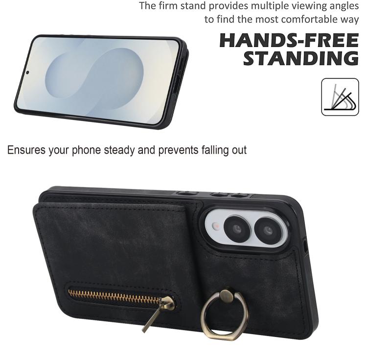 For Samsung Galaxy S25 Edge 5G Retro Ring and Zipper RFID Card Slot Phone Case