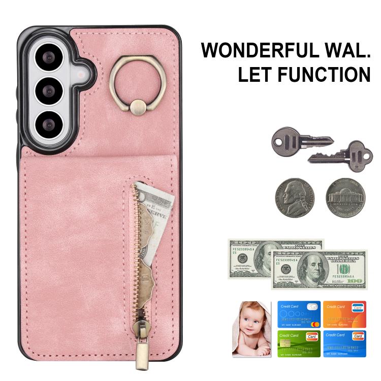 For Samsung Galaxy S26 5G Retro Ring and Zipper RFID Card Slot Phone Case