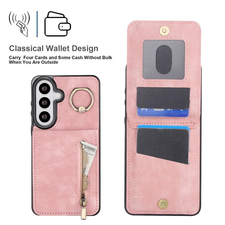 For Samsung Galaxy S26 5G Retro Ring and Zipper RFID Card Slot Phone Case