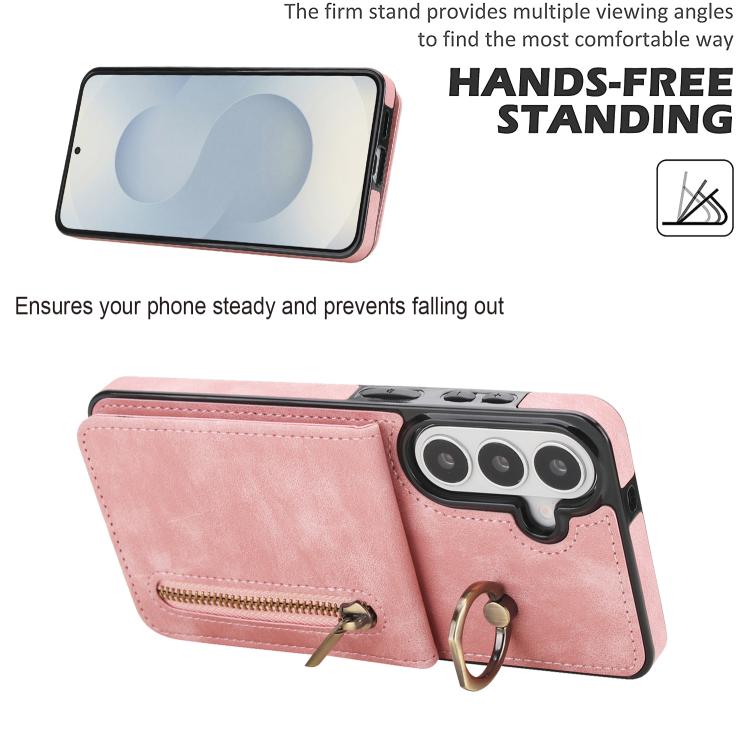 For Samsung Galaxy S26 5G Retro Ring and Zipper RFID Card Slot Phone Case