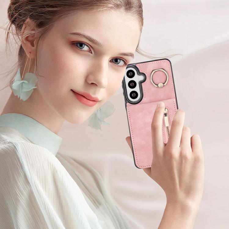 For Samsung Galaxy S26 5G Retro Ring and Zipper RFID Card Slot Phone Case