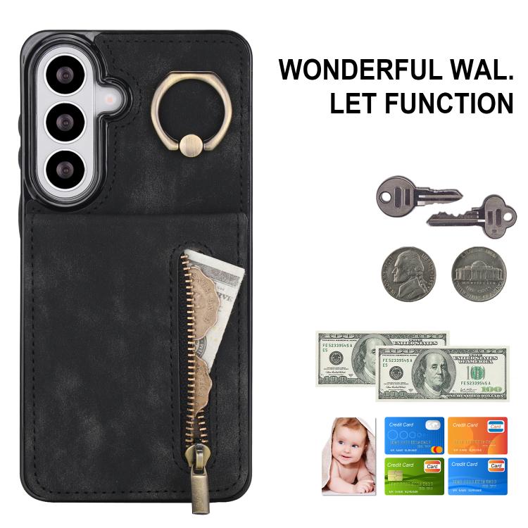 For Samsung Galaxy S26 5G Retro Ring and Zipper RFID Card Slot Phone Case