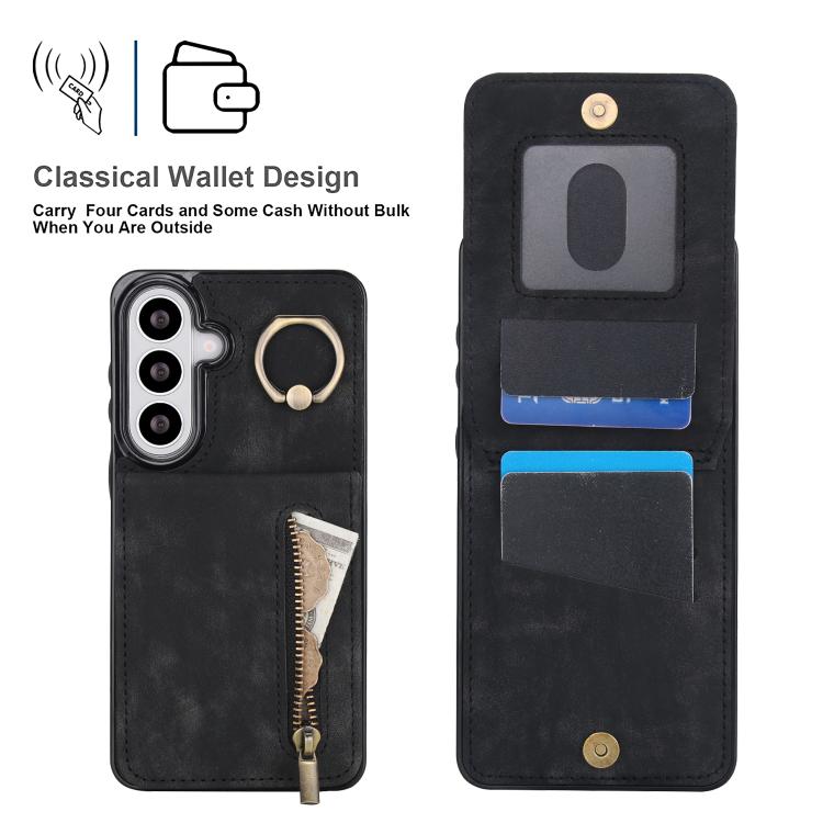 For Samsung Galaxy S26 5G Retro Ring and Zipper RFID Card Slot Phone Case