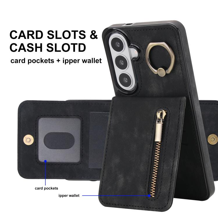 For Samsung Galaxy S26 5G Retro Ring and Zipper RFID Card Slot Phone Case