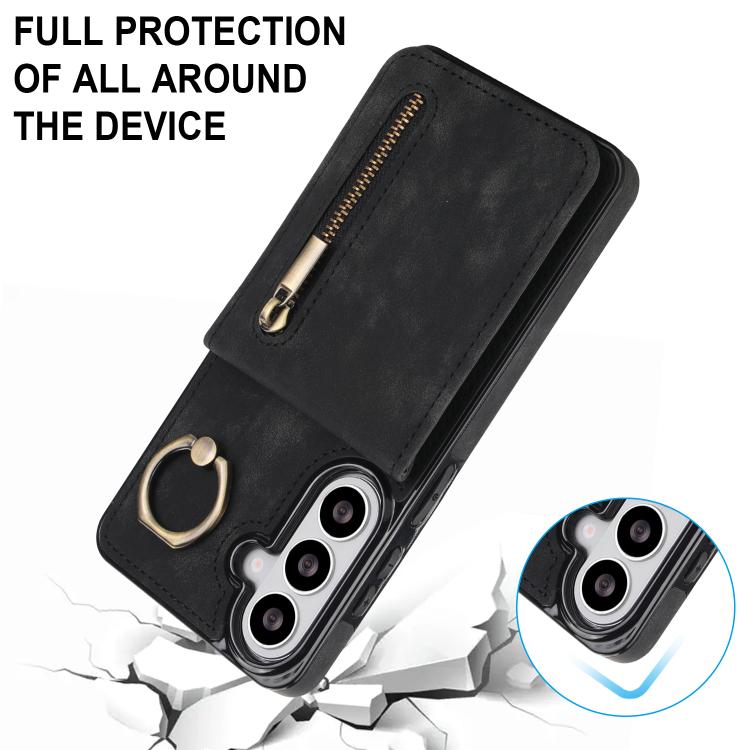 For Samsung Galaxy S26 5G Retro Ring and Zipper RFID Card Slot Phone Case
