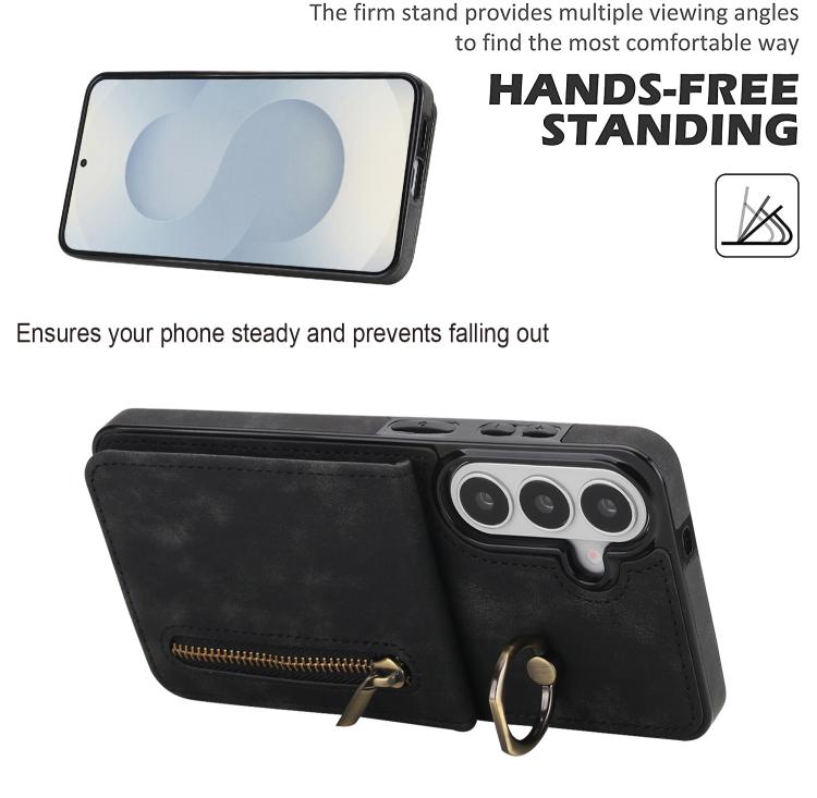 For Samsung Galaxy S26 5G Retro Ring and Zipper RFID Card Slot Phone Case