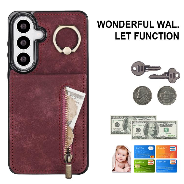 For Samsung Galaxy S26 5G Retro Ring and Zipper RFID Card Slot Phone Case