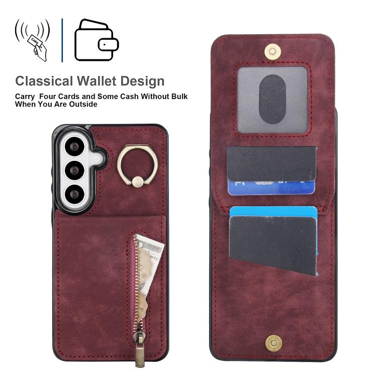 For Samsung Galaxy S26 5G Retro Ring and Zipper RFID Card Slot Phone Case