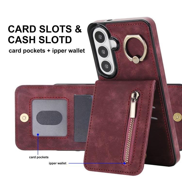 For Samsung Galaxy S26 5G Retro Ring and Zipper RFID Card Slot Phone Case