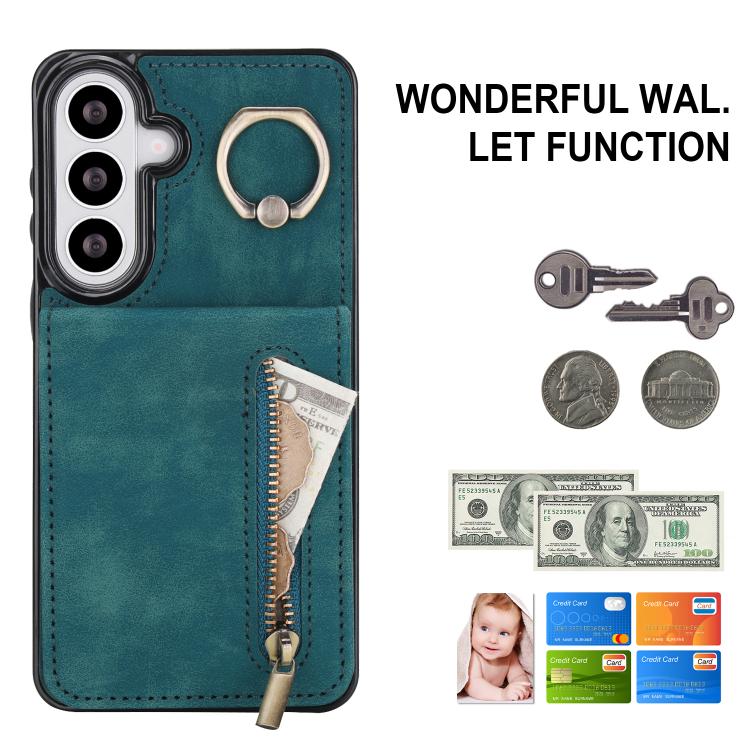 For Samsung Galaxy S26 5G Retro Ring and Zipper RFID Card Slot Phone Case