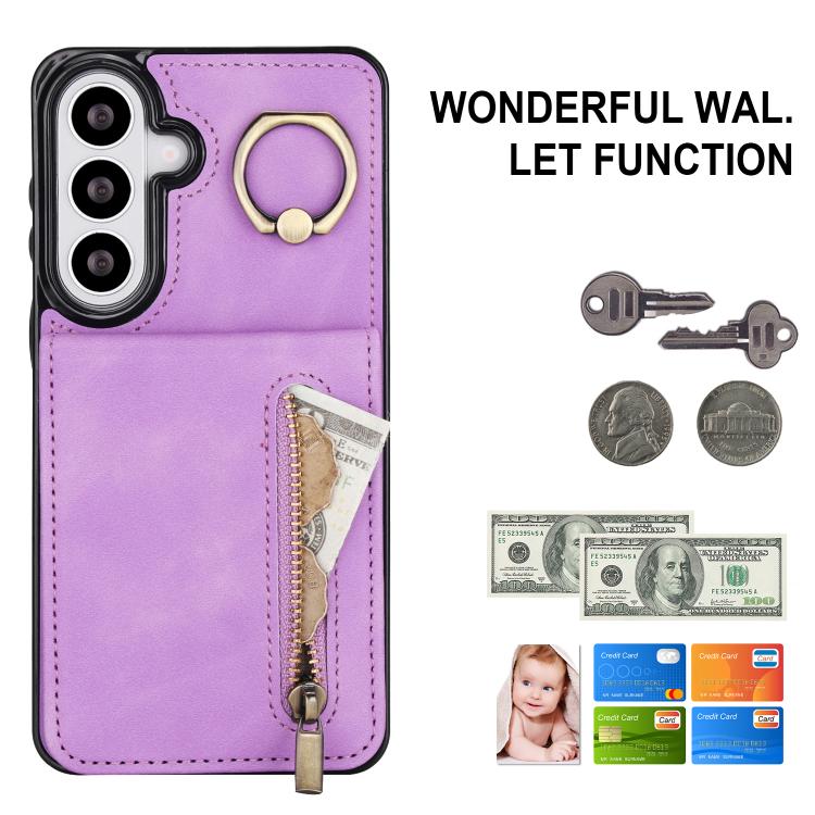 For Samsung Galaxy S26 5G Retro Ring and Zipper RFID Card Slot Phone Case