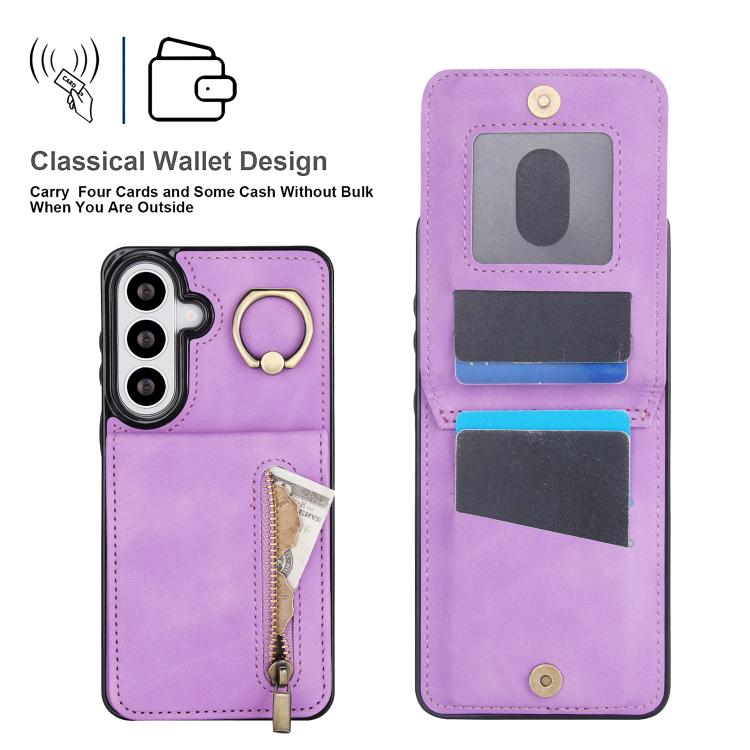 For Samsung Galaxy S26 5G Retro Ring and Zipper RFID Card Slot Phone Case