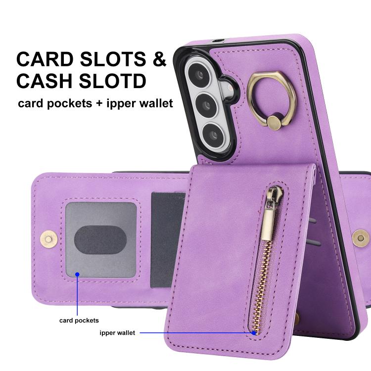 For Samsung Galaxy S26 5G Retro Ring and Zipper RFID Card Slot Phone Case