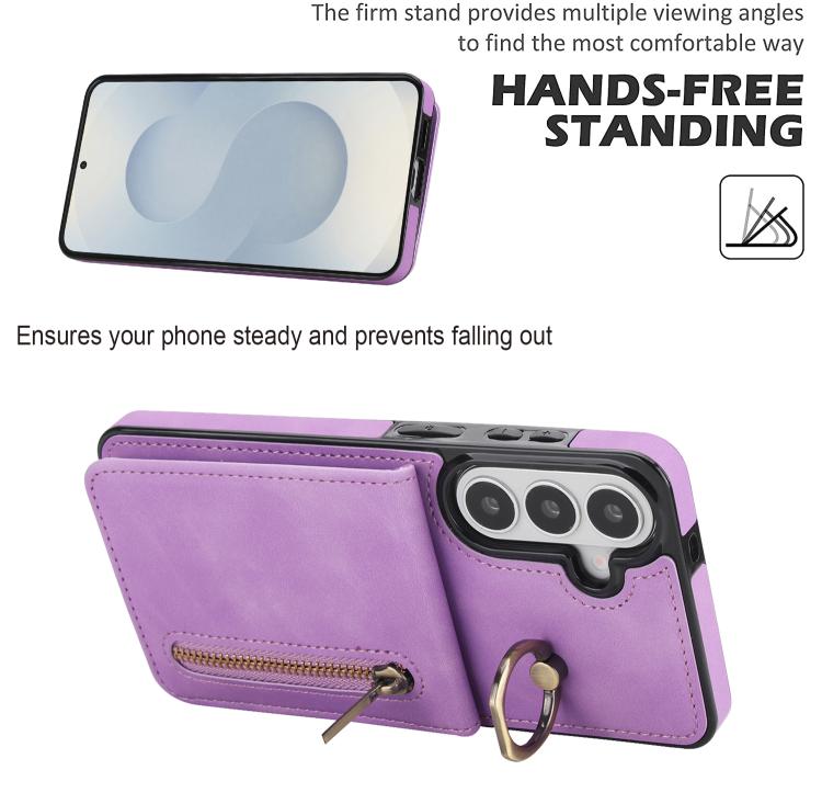 For Samsung Galaxy S26 5G Retro Ring and Zipper RFID Card Slot Phone Case