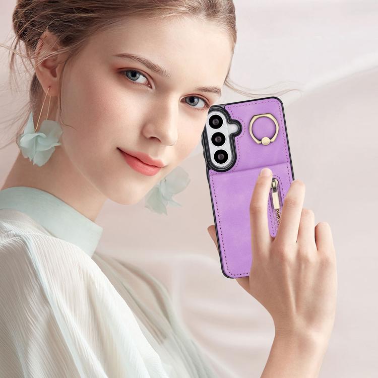 For Samsung Galaxy S26 5G Retro Ring and Zipper RFID Card Slot Phone Case